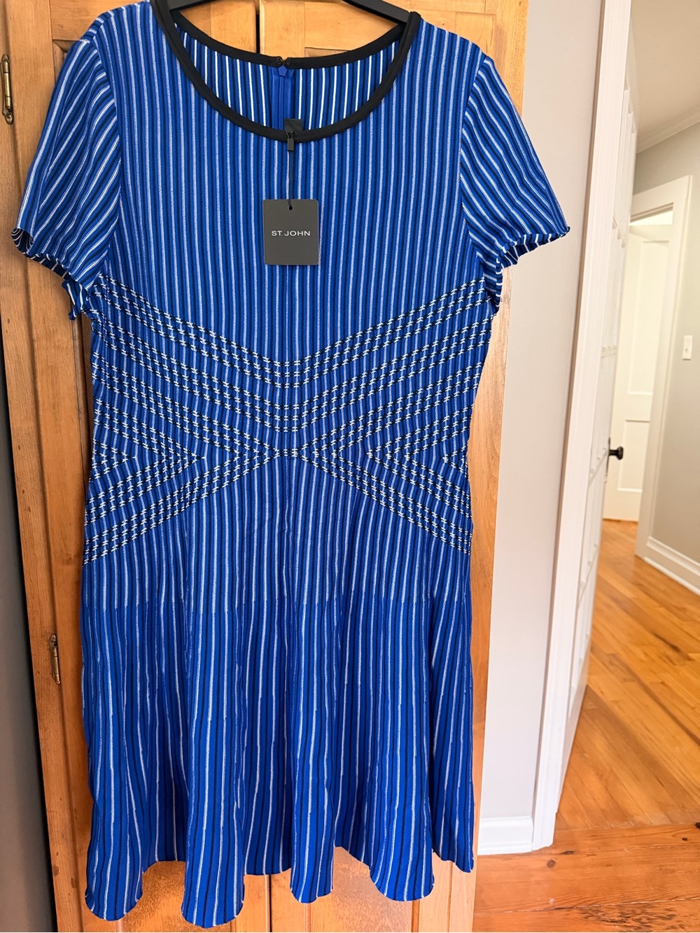 St. John Royal Blue and White Striped Short Sleeve Midi Dress